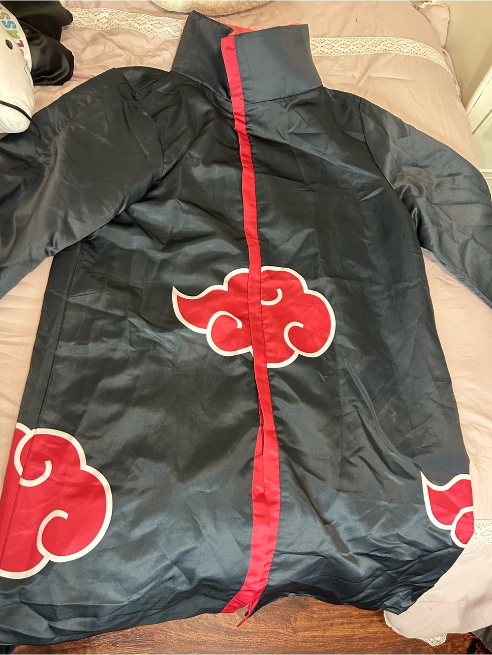 Men's Black Coat with Red Cloud Accents - Anime-Style Jacket